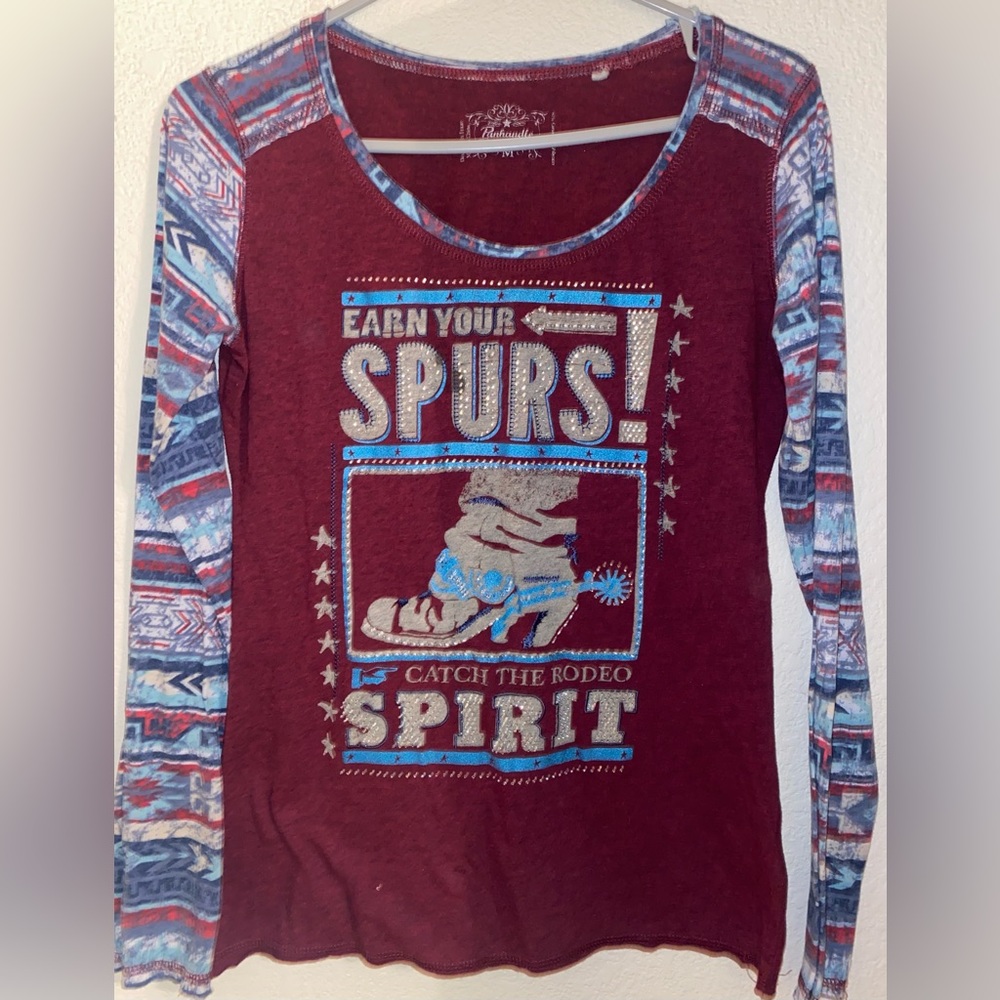 Panhandle Slim Long Sleeved “Earn Your Spurs” Shirt, Size M, Native Print